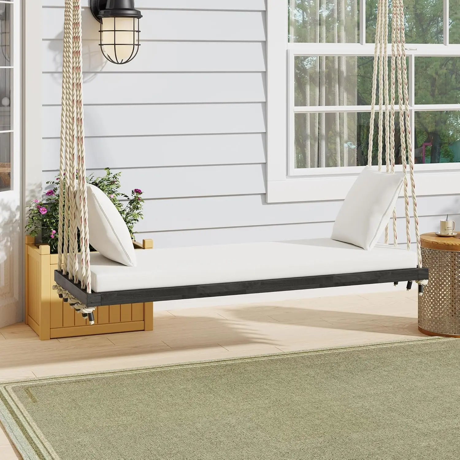 

Acacia Wood Porch Swing Bench with Cushion & Pillows, 63' Outdoor Hanging Bench for 2 Adults, Rustic 10.8ft Ropes, White