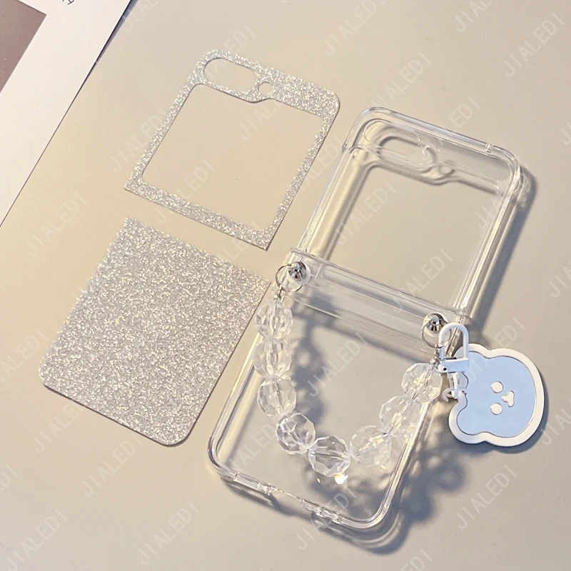 Cute Bear Beads Bracelet Chain Glitter Hinge Phone case For Samsung Galaxy Z Flip 5 6  3 4 Clear Hard flip6 Cover