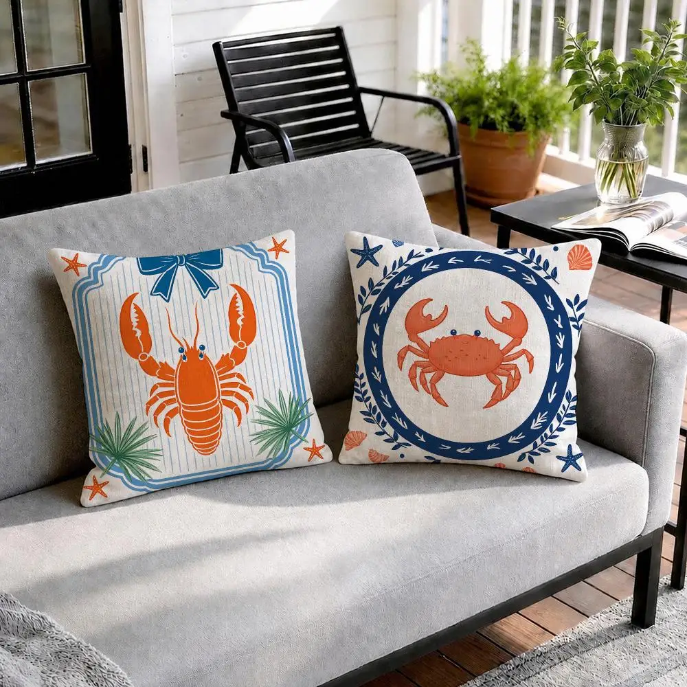 Preppy Crab Shrimp Print Cushion Cover Natural Linen Organic Fabric Double-Sided Printing Sofa Home Decor Gift Pillow Cover