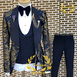 Gouden Patroon Mannen Pak Jas Broek Vest 3 Delige Set Bruiloft Bruidegom Smoking Formele Party Mode Revers Blazer