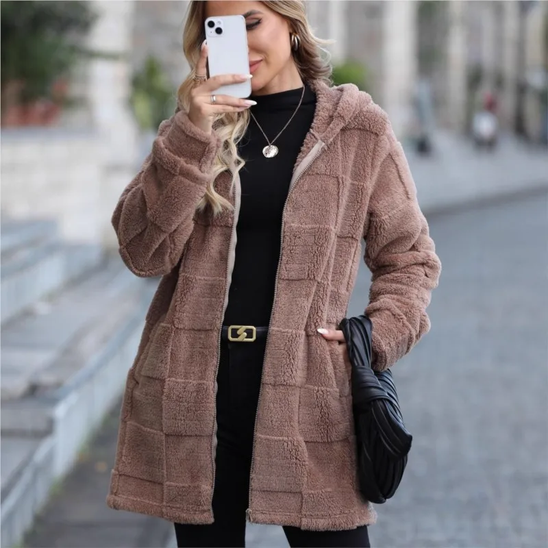 

Solid Color Long Sleeved Plush Jacket Autumn Winter New Women's Clothing Loose Hooded Long Pocket Cardigan Chaquetas De Mujer