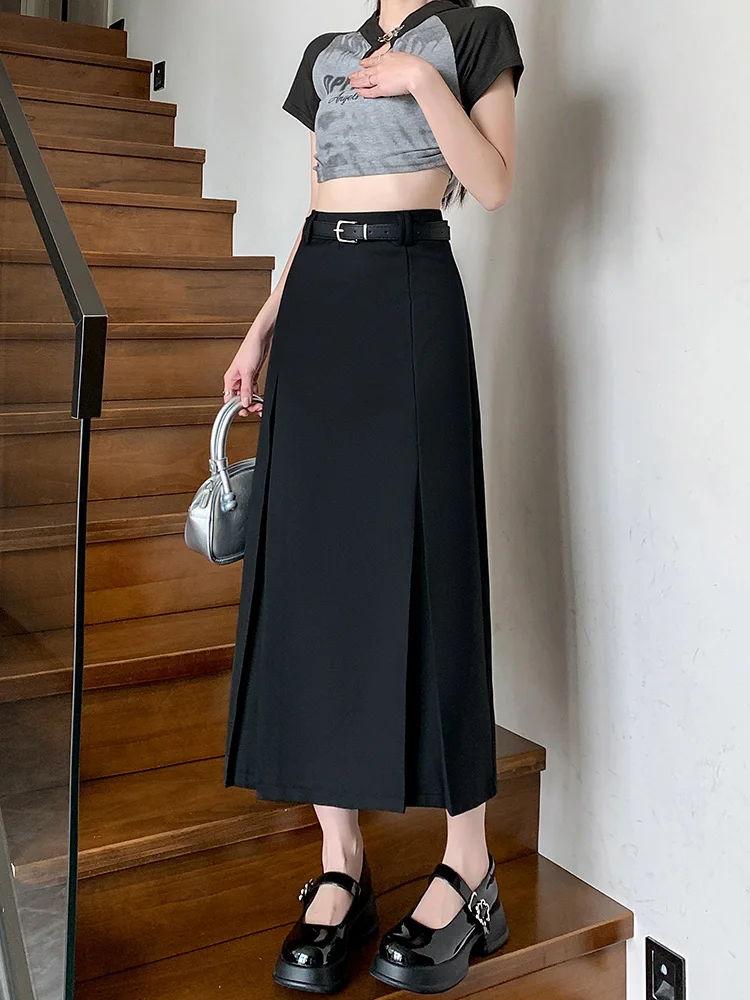 

Женская плиссированная юбка миди с высокой талией, летняя коллекция 2026, новая модель А-силуэта, юбка-парасоль, скрывающая бедра, в корейском стиле