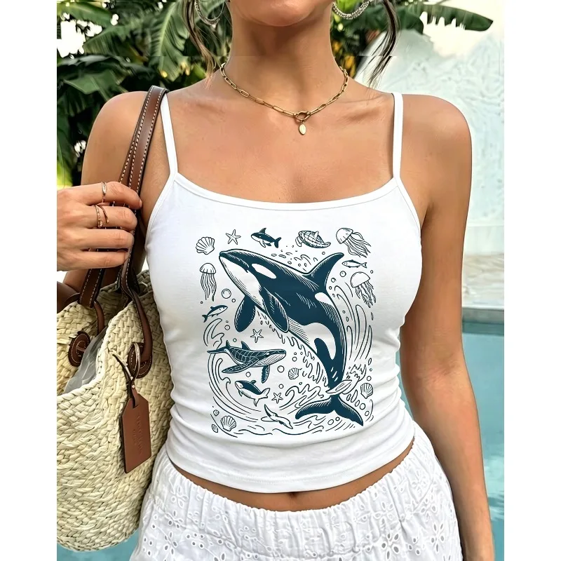 Women Orca Whale Ocean Creature Print Spaghetti Strap Tank Top Vintage Marine Jellyfish Shell Graphic Summer Beach Casual Vest