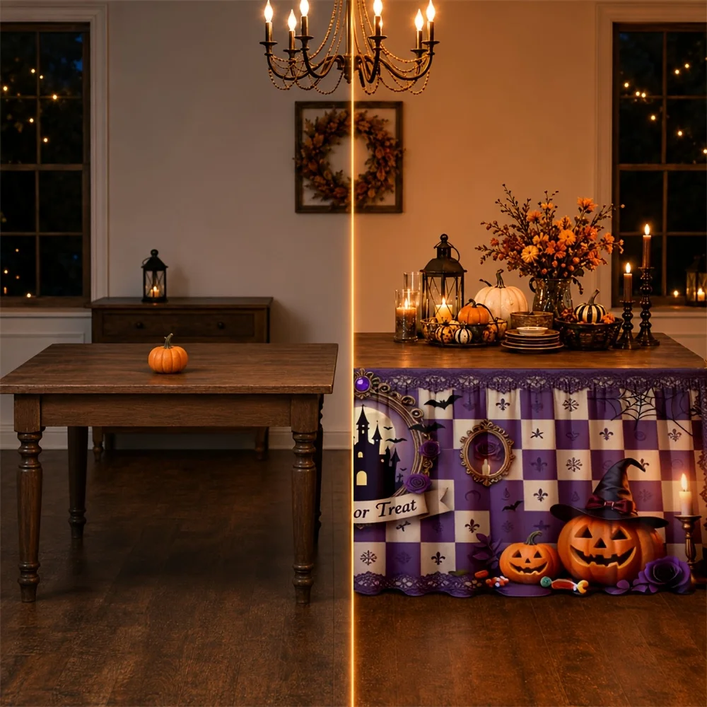 Purple checkered castle pattern - featuring pumpkins, candles, skulls, and bats - Gothic-themed tablecloth