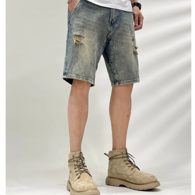 

Рваные джинсовые шорты мужские, повседневные, свободного кроя, винтажные, американские, больших размеров, летние, тонкие, средней длины