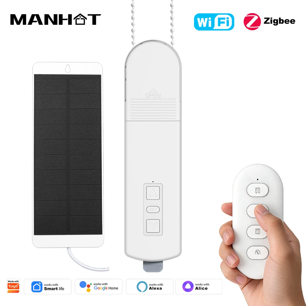 MANHOT Zigbee/WiFi Smart Roller Blinds Shade Drive Motor Rechargeable Battery Solar Panel Work with Smart Life Google Home Alice