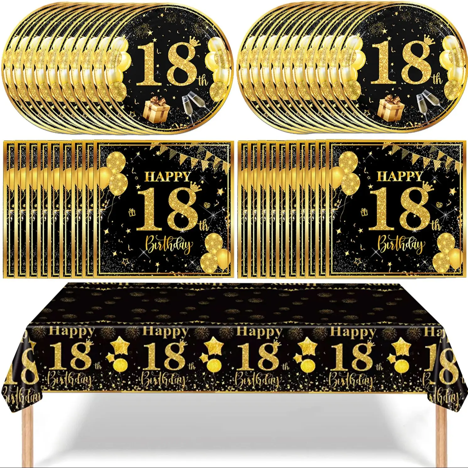 Partyzubehör zum 18. Geburtstag, Schwarzgold, Geburtstagsdekoration, Teller, Servietten, Tischdecke, Jungen und Mädchen, Partygeschenke zum 18. Geburtstag – Detail 1
