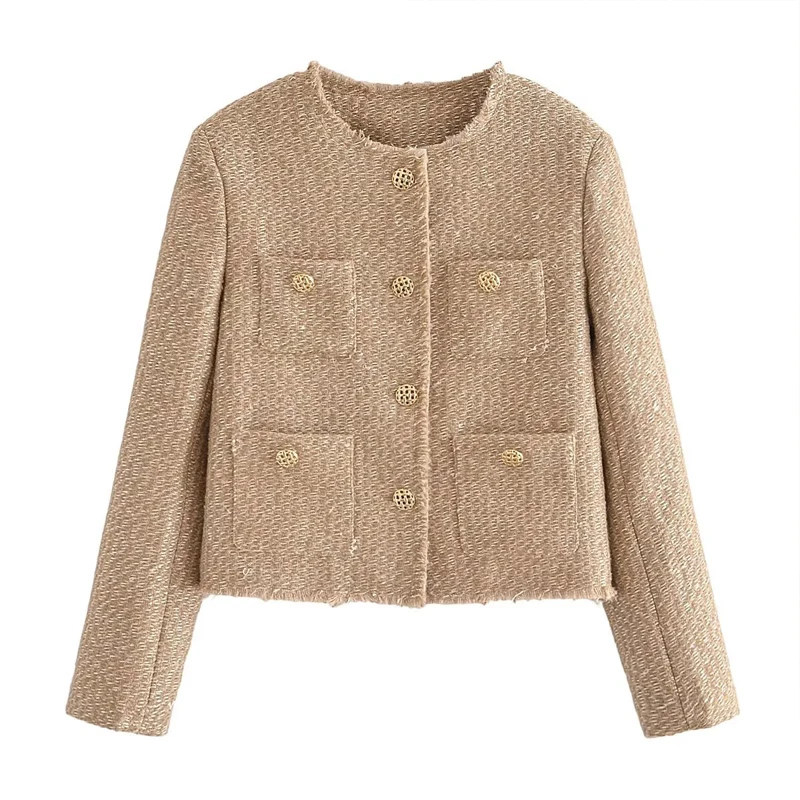 

Women's khaki spring/autumn textured tweed jacket 2024 new long sleeved versatile small fragrance top