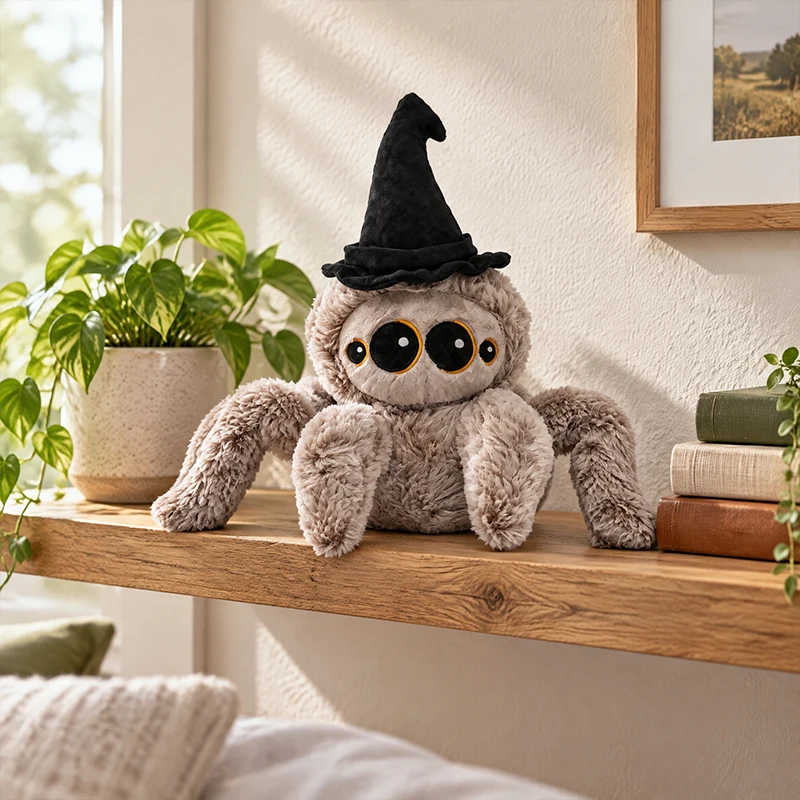 Halloween Spider Plush Toy Cute Jumping Spider Stuffed Animal Doll with Wizard Hat Soft Fluffy Kids Holiday Gift