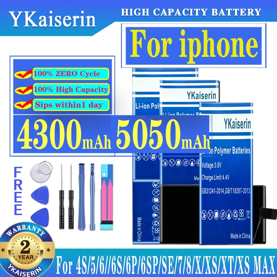 YKaiserin High Quality Battery For Apple iPhone 5S 5C 6 6S 7 8 plus 11 Pro XS max SE XR X 6G Capacity Bateria Free Tools