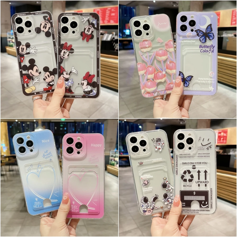 Cute Cartoon Anime Minnie Mouse Phone Case for IPhone 11 12 13 14 15 Pro Max X XR XS 7 8 Plus Soft Tpu Wallet Cover Card Holder