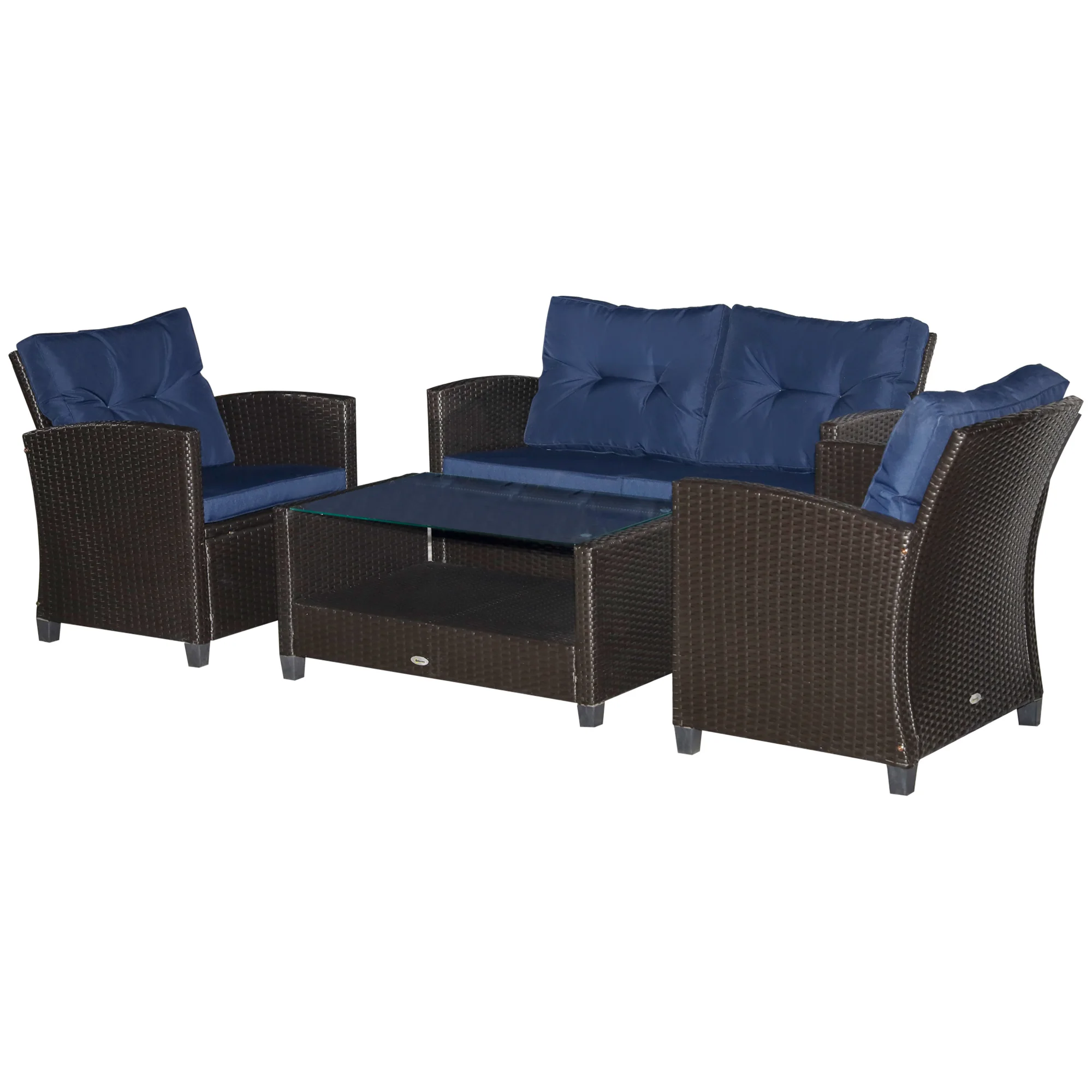 4 Piece Patio Furniture Set, Outdoor Wicker Loveseat Sofa & Chairs, with 2-Tier Coffee Table & Tufted Cushions, Navy Blue