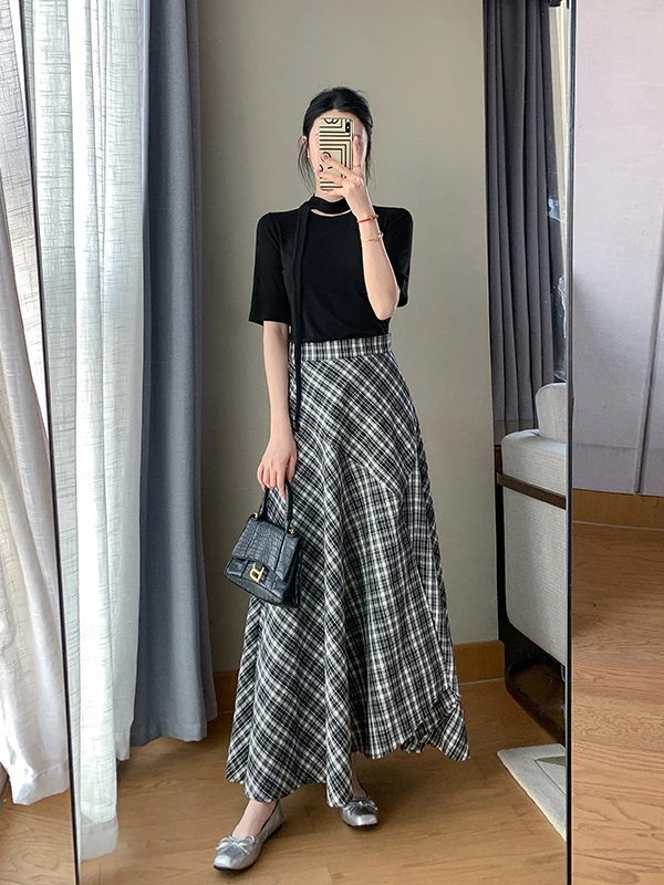 

Korean Style Slimming Short Sleeve T-Shirt Plaid Dress Women's Fashion Set High Waist Breathable Spring Summer Outfit