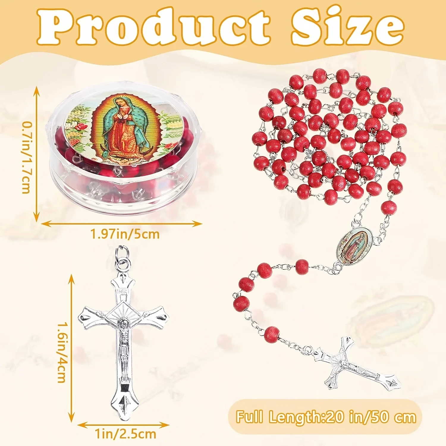 5/10/12/20 Sets Unsere Liebe Frau von Guadalupe Rosenkranz-Geschenke im Großhandel, Rosenkranz mit roten Holzperlen und transparenter Box für Taufe und Erstkommunion – Detail 3