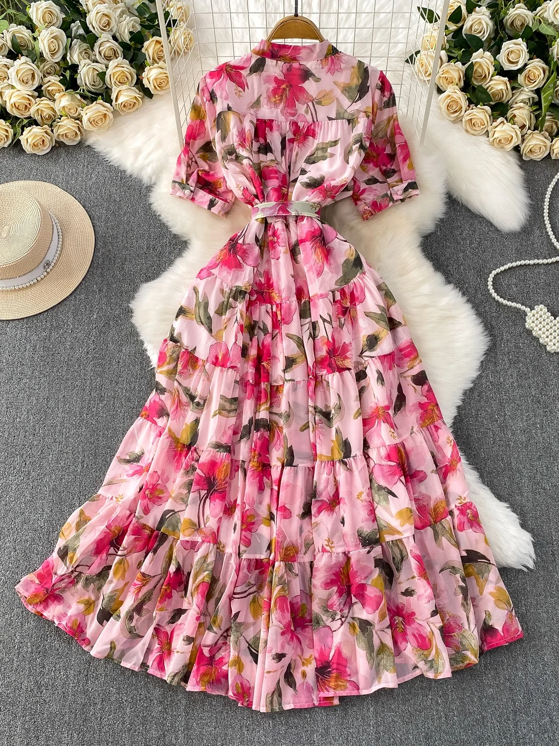 Vaion Print round Ne Long Dr Women's Autumn Belted Waist Slimming Skirt Hem Bell Sve A-Line Midi Dr