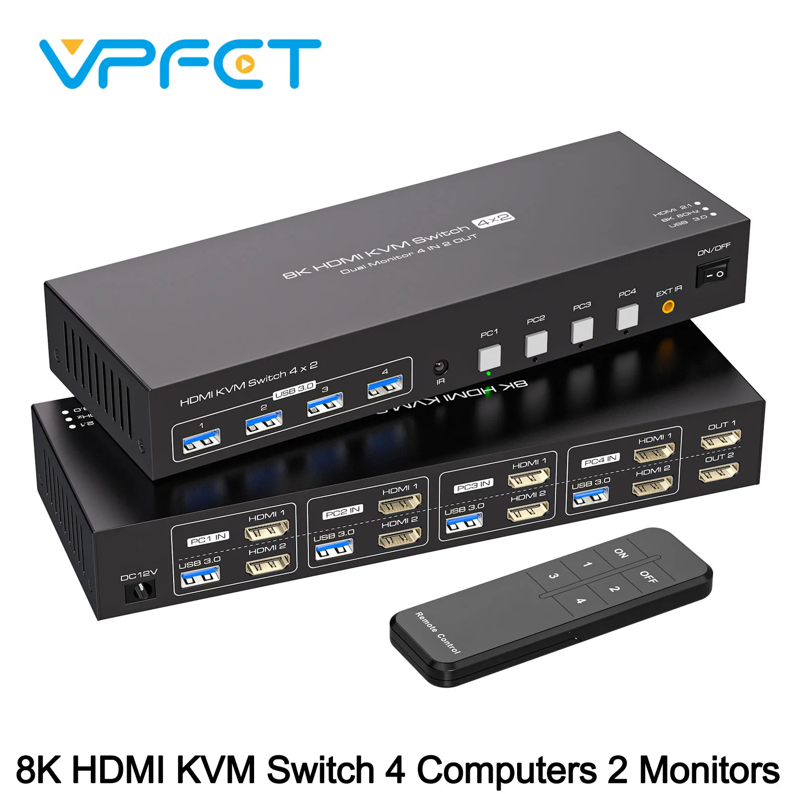 

HDMI KVM Switch 4 Computers 2 Monitors 8K 60Hz 4K 120Hz KVM Switches for 4 PC Share Dual Monitors and 4 USB 3.0 Devices VPFET