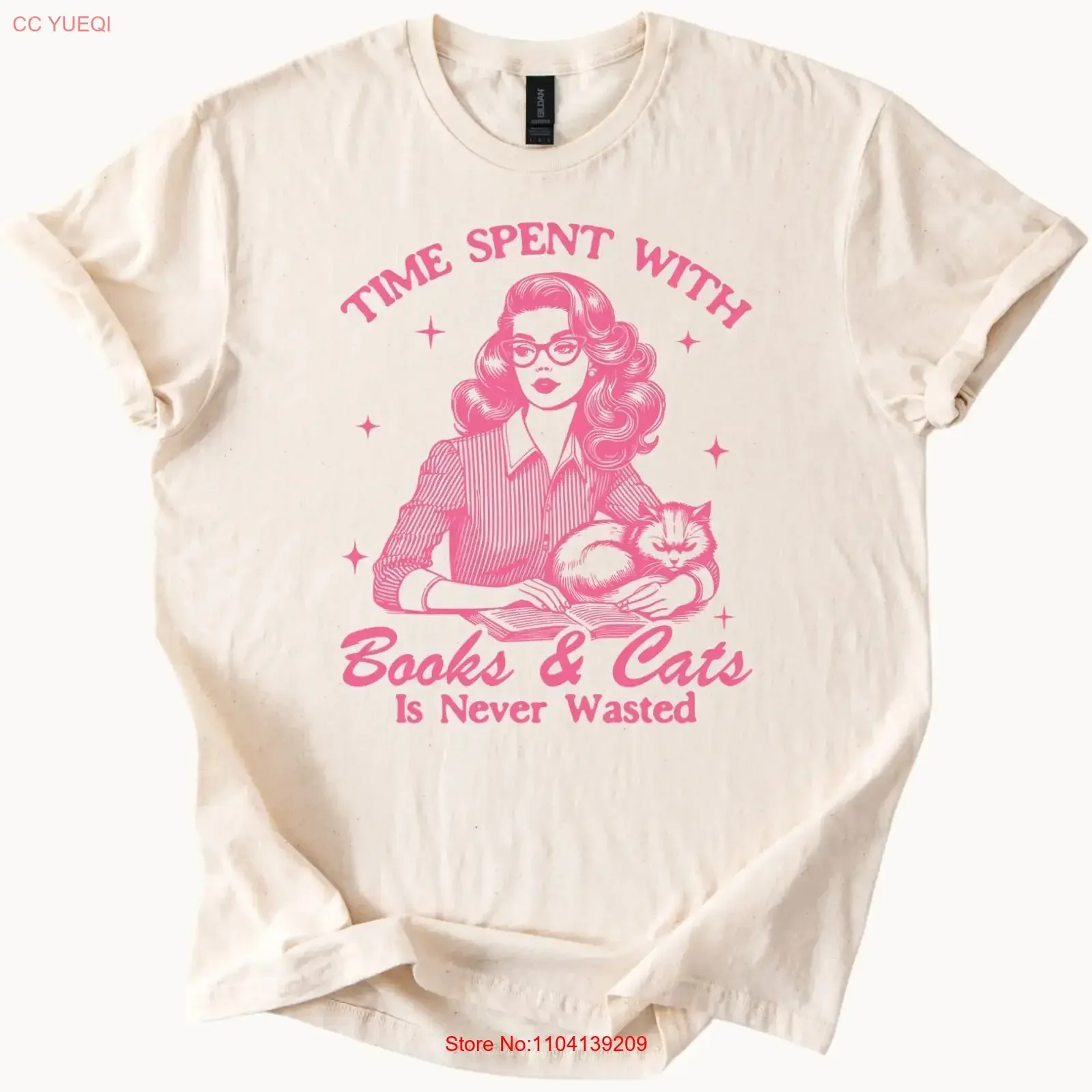 Books and Cats Is Never Wasted T Shirt Retro Cat Lover Reading  vintage Washed Unisex Stylish Casual Stretched fashion