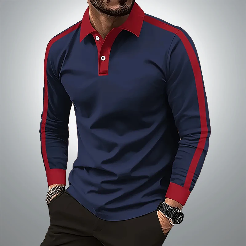 

Men's long sleeved polo shirt, business office lapel T-shirt, spring and autumn casual sports New fashion patchwork top