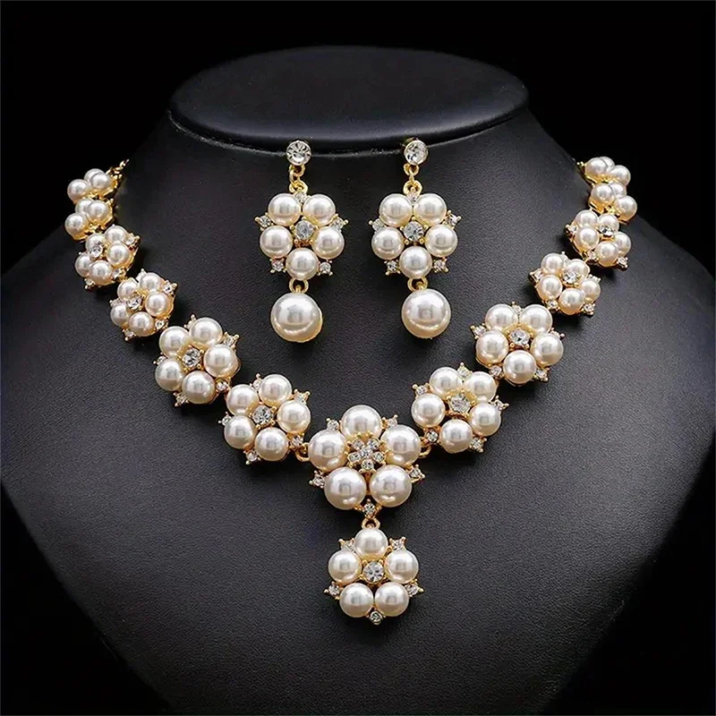 1 Set Bride Necklace Earrings Set Faux Pearl Flower Rhinestone Luxury Women Girl Necklace Dangle Earrings Wedding Jewelry Gift