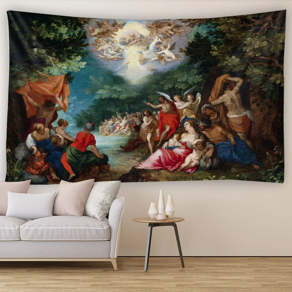 

Retro court character background art decoration tapestry Jesus scene wall hanging living room bedroom aesthetic decoration