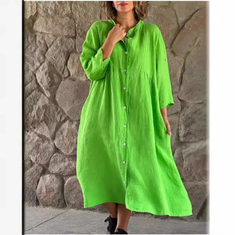 

Vcation Women's Casual Loose Pregnant Dresses Cotton Linen Stand Collar Button Green Long Shirt Dress Robe Femme Summer Y2k New