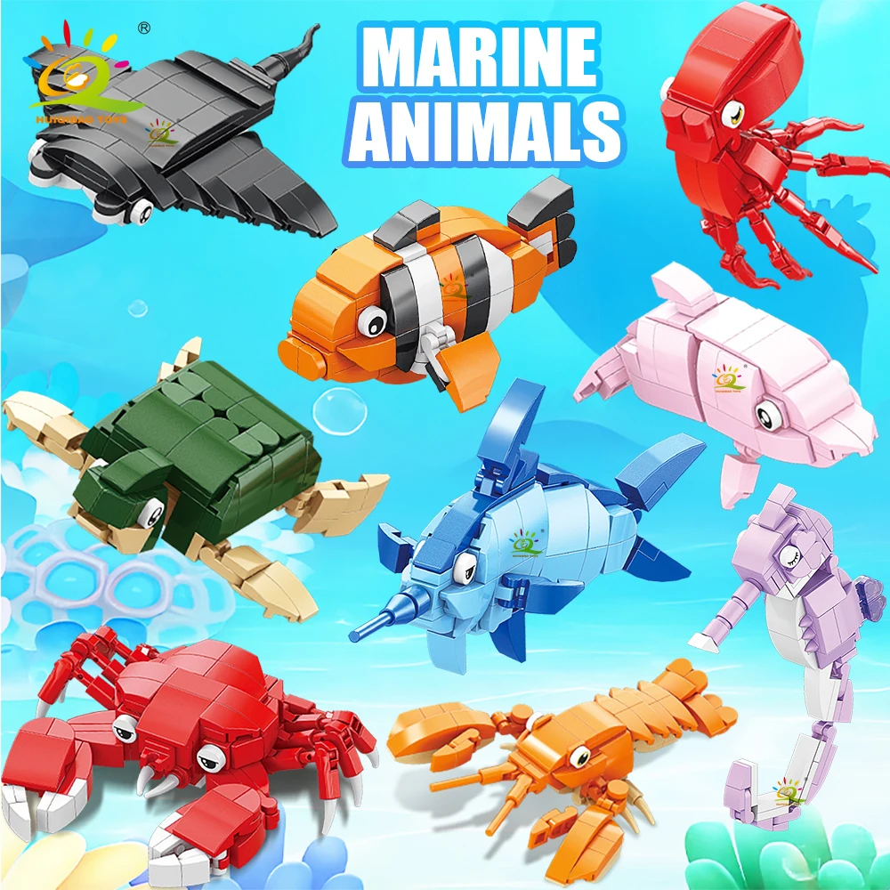 

HUIQIBAO Милые морские животные, морской конек, DIY-модель рыбы, конструктор, мультяшные фигурки животных, декоративные кирпичики, игрушки, подарок для детей