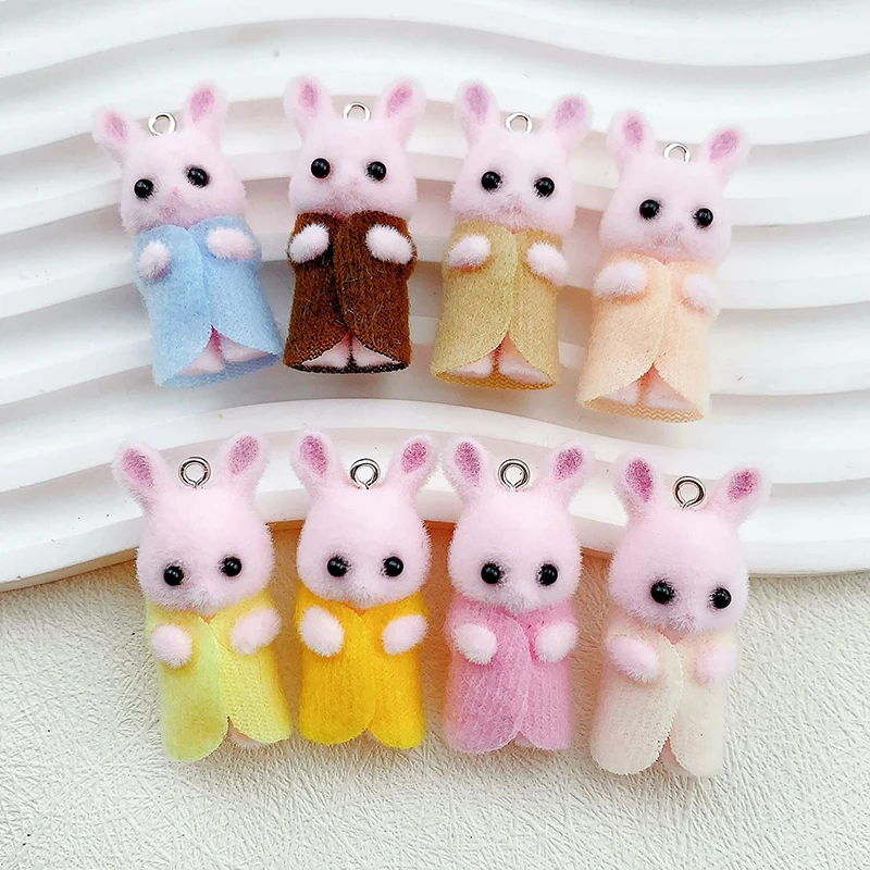 1PCS Kawaii 3D Flocking Rabbit Charm Cute Rabbit Earring Keychain Pendant DIY Accessories