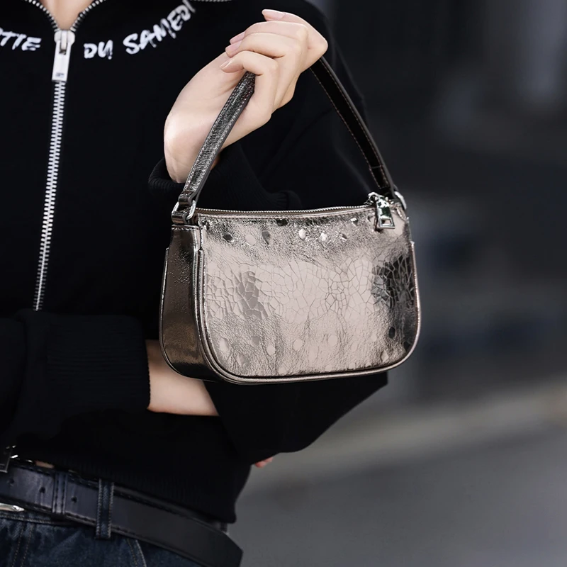 FOXER High Quality Small Silver Handbag Girl\'s Stylish Female Phone Bag Lady Casual Zipper Split Leather Shoulder Crossbody Bags