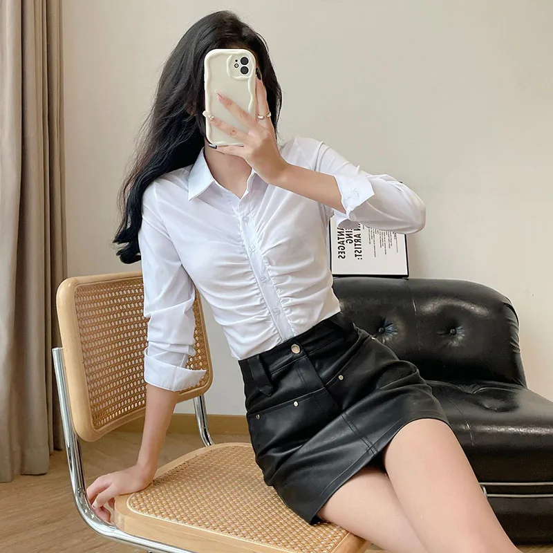 Otoño mujer blusas blancas de manga larga ajustadas coreanas botones pliegues camisas con cuello vuelto Sexy Y2K Oficina señora OL Crop Tops