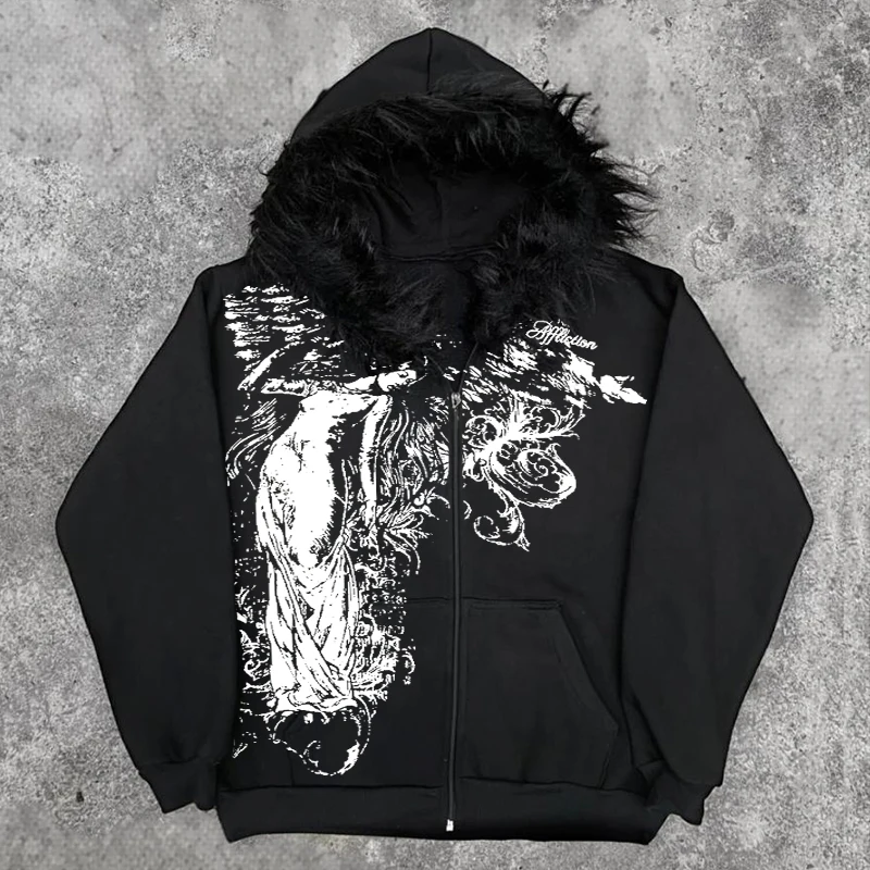 تيك توك حار شتاء أمريكي جديد عيد الفصح سانت ماري نمط طباعة مقنعين الفراء طوق الديكور Harajuku الشارع الهيب هوب الشرير Y2K