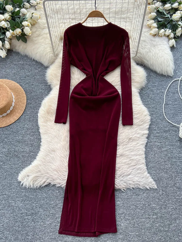 セクシーなVネックロングスリーブ、女性用デザイン、ハイウエストボディコンスカート、通勤用Aラインシルエット、ポリエステル繊維