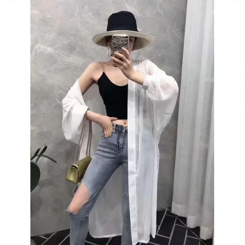 Sun protection clothing Women's Mid-length chiffon tops cardigan summer thin beach jacket air conditioning shirt