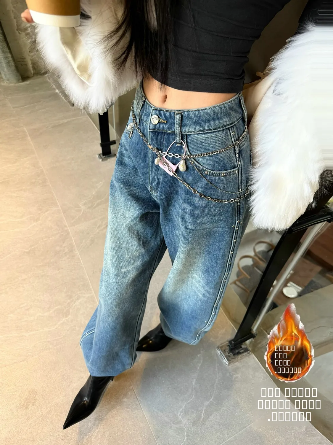 

Утепленные джинсы с широкими штанинами на флисовой подкладке для женщин, свободные винтажные повседневные брюки, осенне-зимние теплые джинсовые штаны