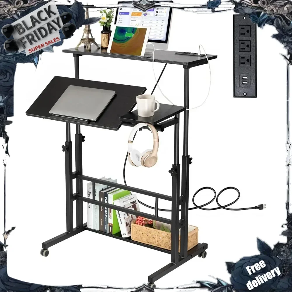 Stand Up Desk, Rolling Desk Adjustable Height, Mobile Standing Desk with Wheels & Charging Station, Portable Desk