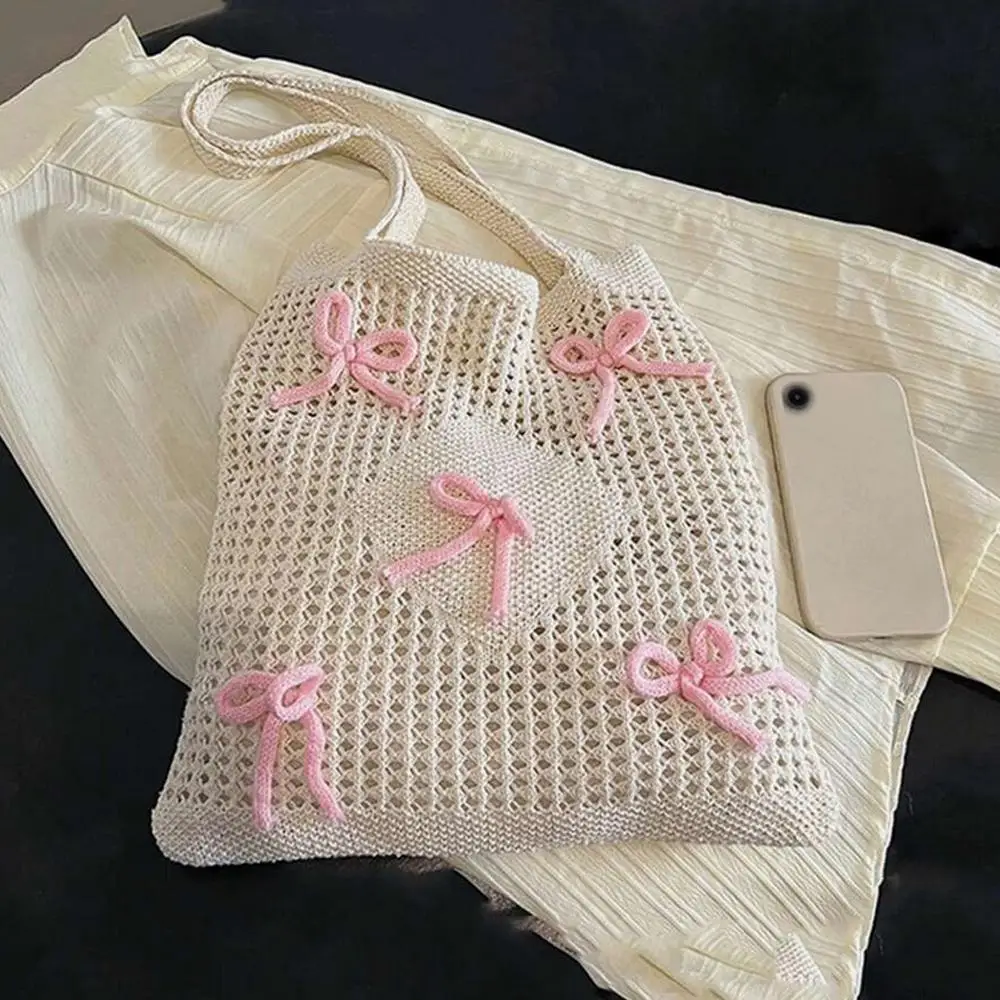 جديد Bowknot الكروشيه حمل حقيبة الصيف الشاطئ شبكة كبيرة محبوك حقيبة حقائب اليد متماسكة للنساء #4