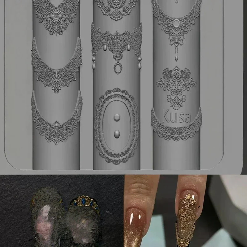 Transparent Lace Nail Mold For Women, Silicone Embossed Design Lace Nail Stencil Professional Manicure Mold DIY Crafts Daily Use