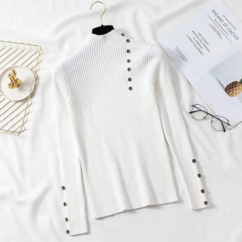 2025 Autumn Knitted Turtleneck Sweaters Women Solid Knitted Female Cotton Soft Elastic Color Slim Pullovers Button Full Sleeve