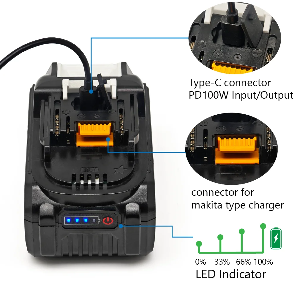 TPCELL 8/10Ah PD100W 18V 21700 cells battery with USB-C connector for MKT 18V power tools Li-ion Replacement LXT BL1850 BL1840