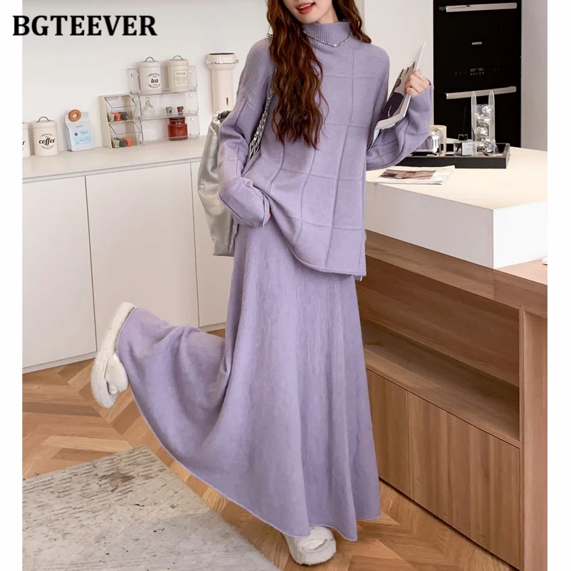 

BGTEEVER Autumn Winter Fashion Loose Women Knitted Skirt Set Long Sleeve Turtleneck Sweaters Tops & High Waist A-line Skirts