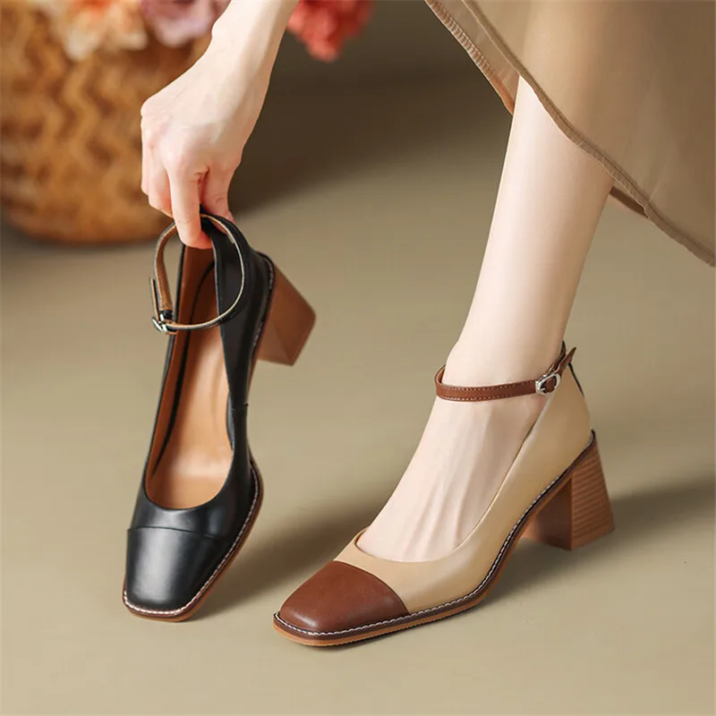 2024 Spring Split Leather Women Shoes Square Toe Chunky Heel Mixed Color Women Pumps Retro Mary Jane Shoes for Women High Heels