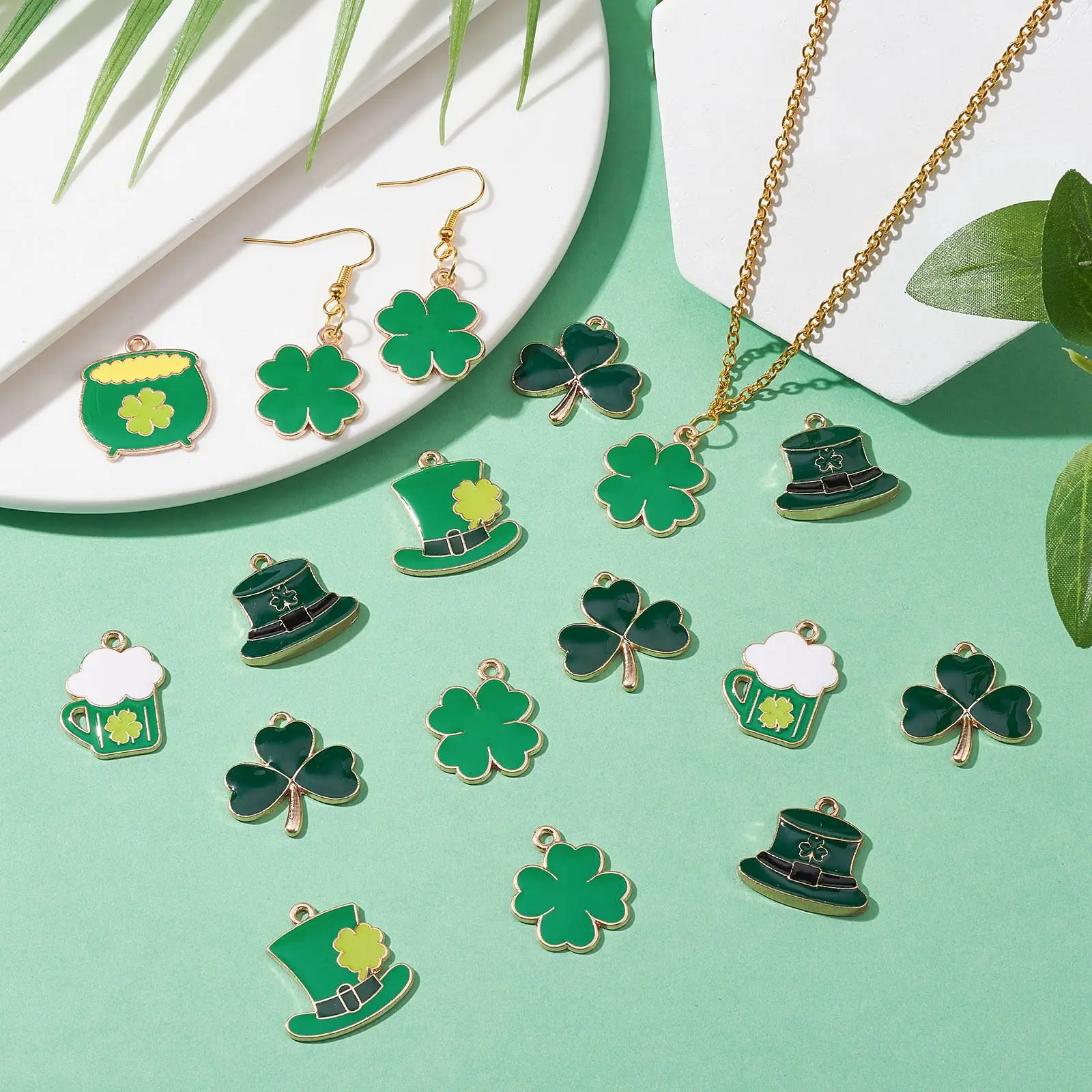 PandaHall 35Pcs 7 Styles St. Patrick's Day Charms Lucky Clover Hat Beer Enamel Green Charms for Festival Jewelry Making Crafts