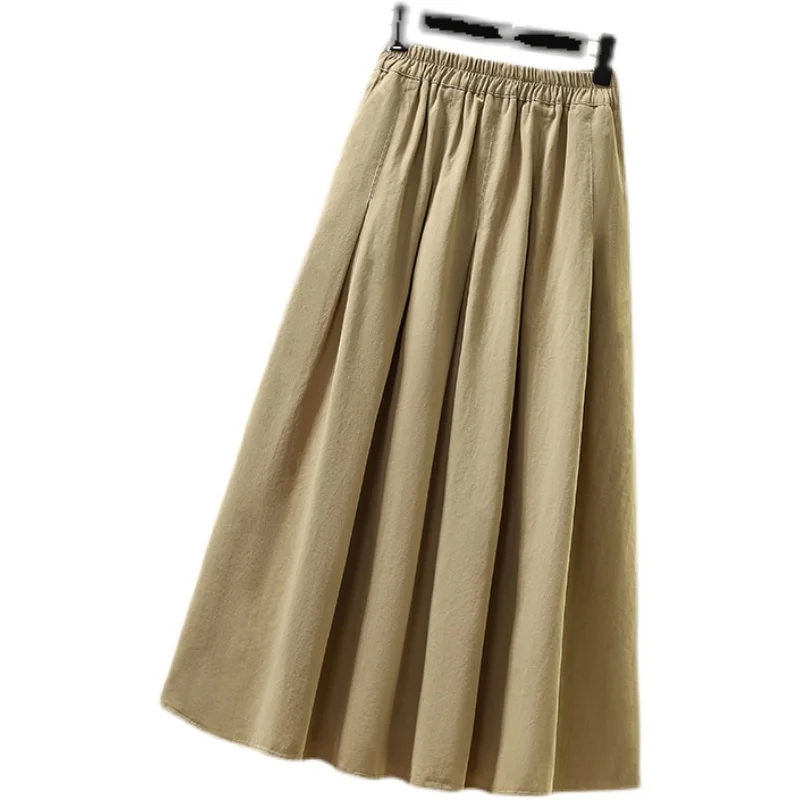 تنورة نسائية من القطن والكتان بخصر عالٍ على شكل حرف a طويلة Dr بسيطة اللون مطوي بقصة ضيقة تنورة مظلة للتنقل Sle Summer Col... #5