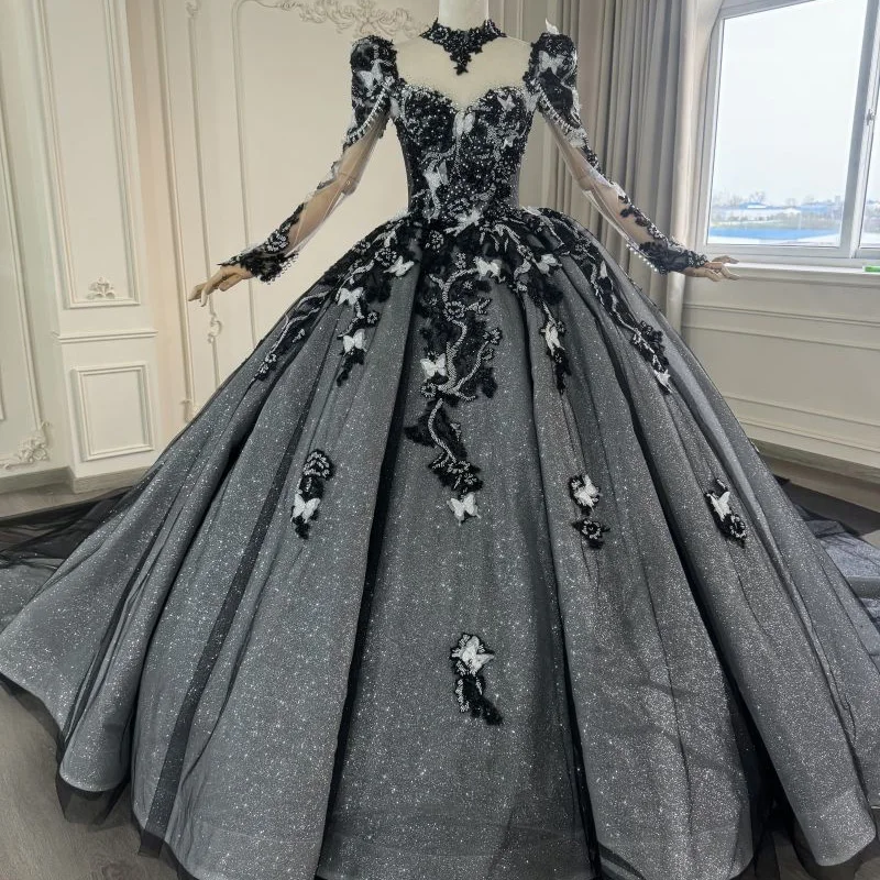 2024 new black round-neck long-sleeved luxury butterfly decoration large tail wedding dress