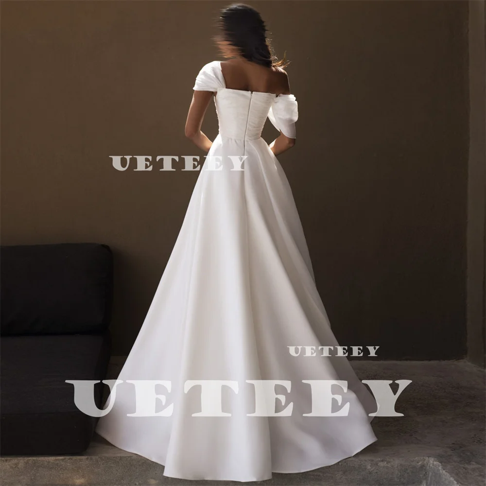 UETEEY Abito da sposa linea A in organza con spalle scoperte in crêpe personalizzato con cerniera sul retro Elegante abito da sposa con strascico a pieghe