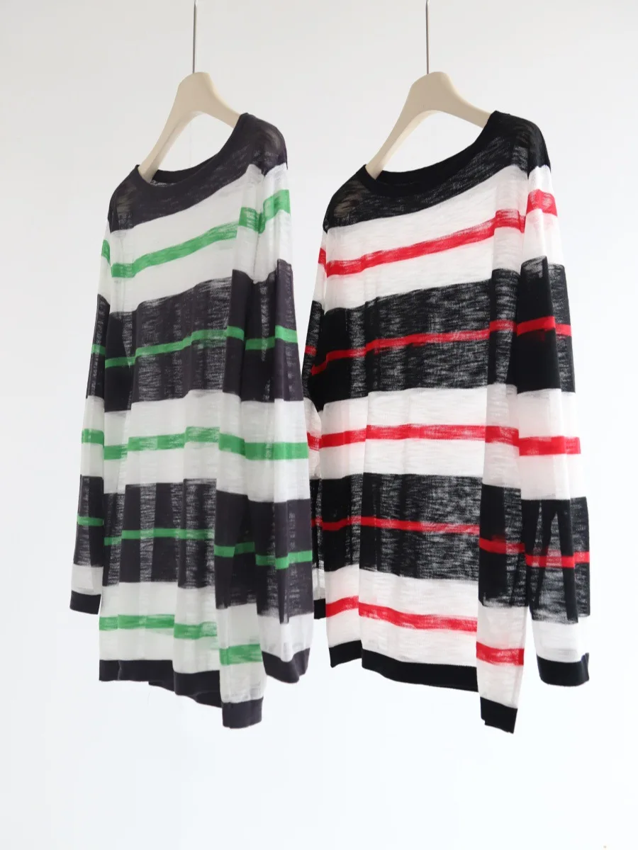 Dave&Di Bamboo knot hemp striped contrasting long sleeved knitted cover for women's summer new style slightly transparent and l
