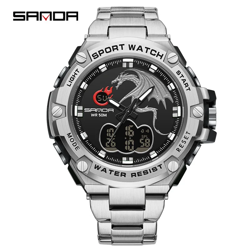 SANDA Business Steel Belt Electronic Watch Multifunctional Men's Popular Watch Waterproof Alarm Clock Sports Men's Watch