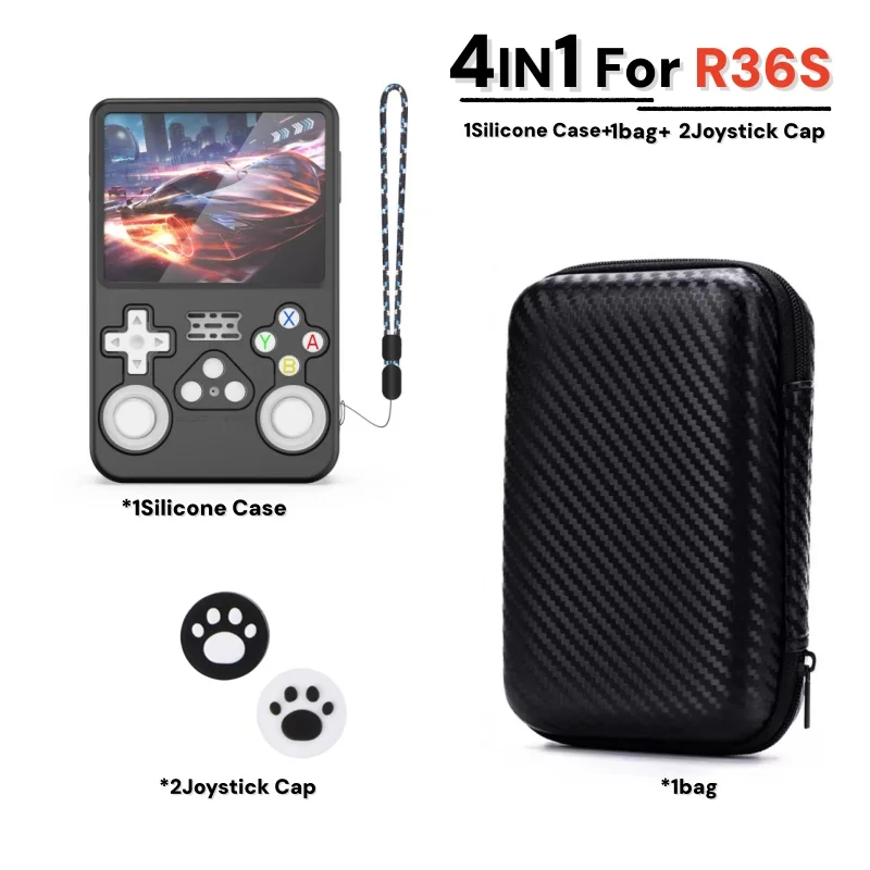 4 IN 1 for R36S Game Console Storage Bag &  Joystick Cap & Silicone Case for Game Accessories