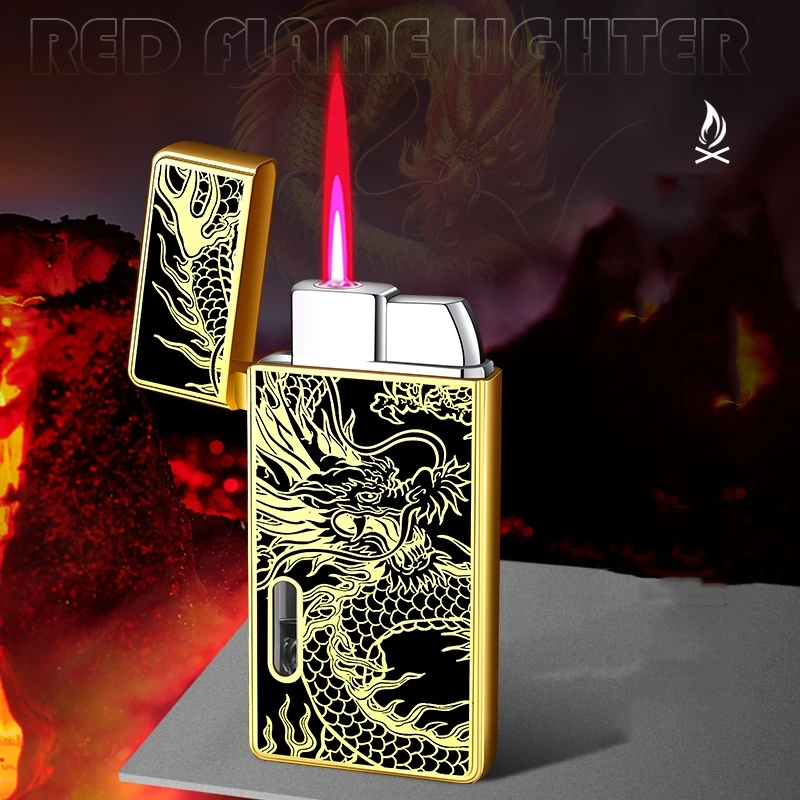 New Portable Metal Windproof Transparent Oil Tank Red Jet Flame Butane Gas Lighter Cool Originality Exquisite Patterns Lighter