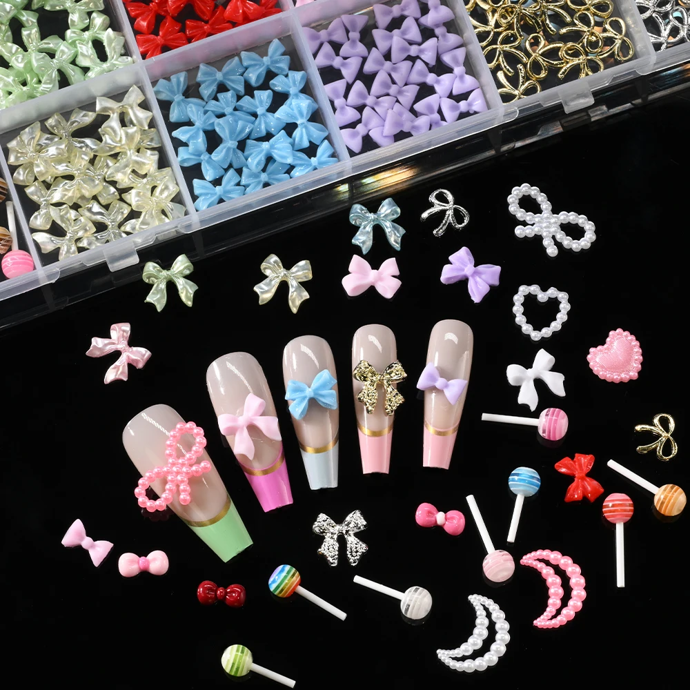 12/24Grids 3D Resin Bowknot/Ribbon Nail Charms Mixed Alloy Bow,Pearl Heart/Moon/Lollipop Nail Art Decorations Manicure Accessory