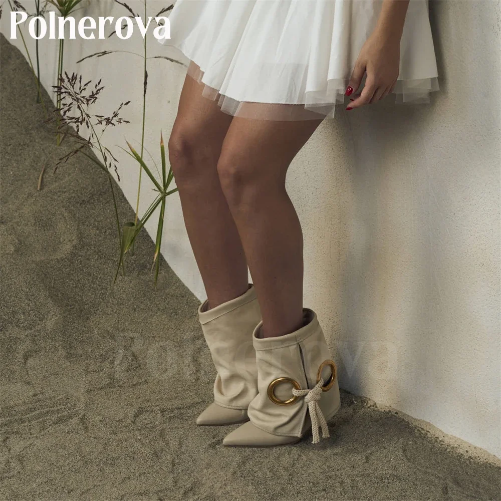 Round Buckles Rope Details Wedge Booties Fashion Style Cuff Ankle Boot for Women Canvas and Leather Pointed Toe Handmade Booties